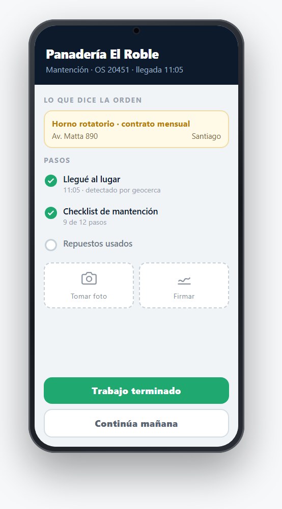 La app del Conductor en una visita de servicio técnico en terreno: los datos que llegaron con la tarea y los pasos que el conductor va cerrando.