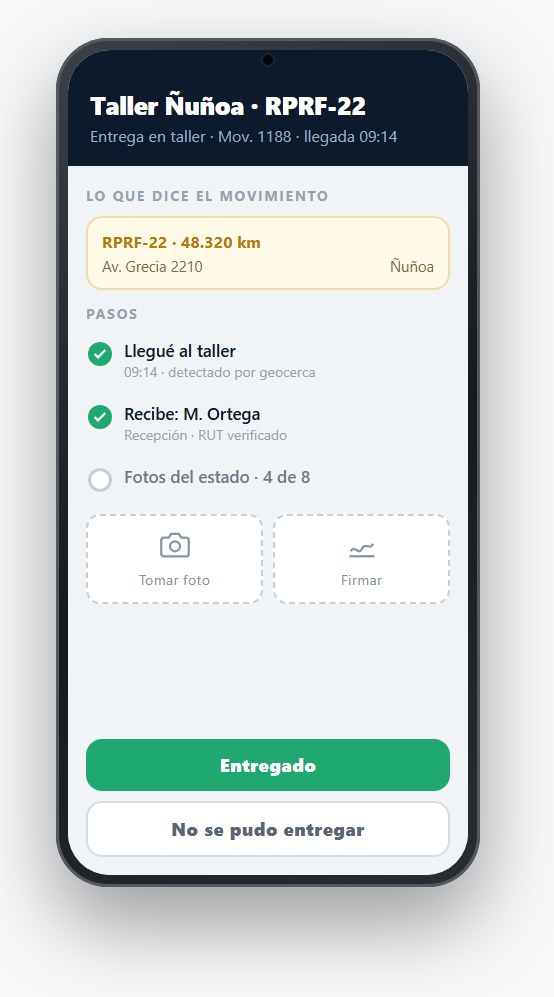 La app del Conductor en una visita de traslado de vehículos: los datos que llegaron con la tarea y los pasos que el conductor va cerrando.
