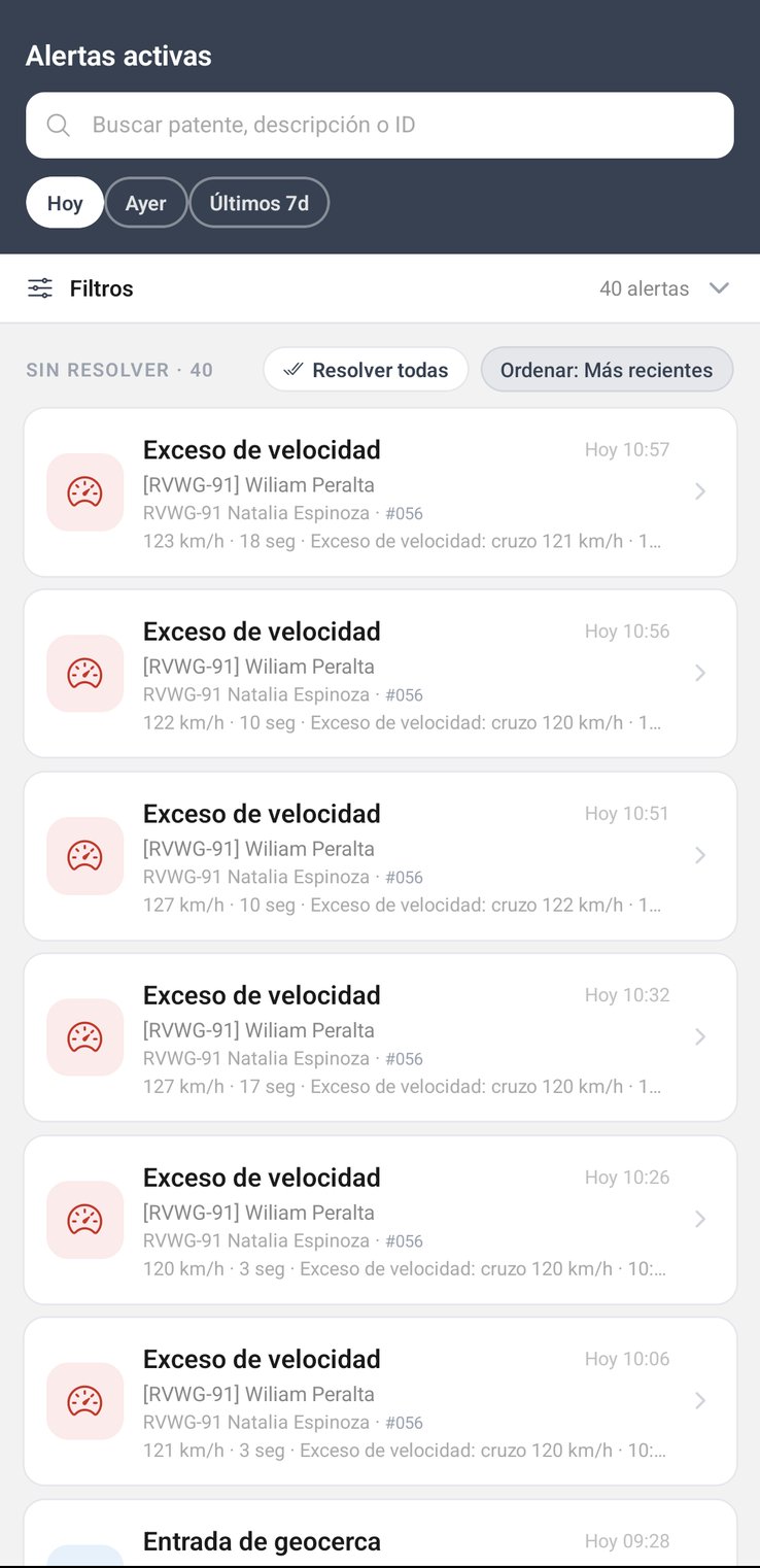 App móvil MEGAGPS: alertas y notificaciones de la flota