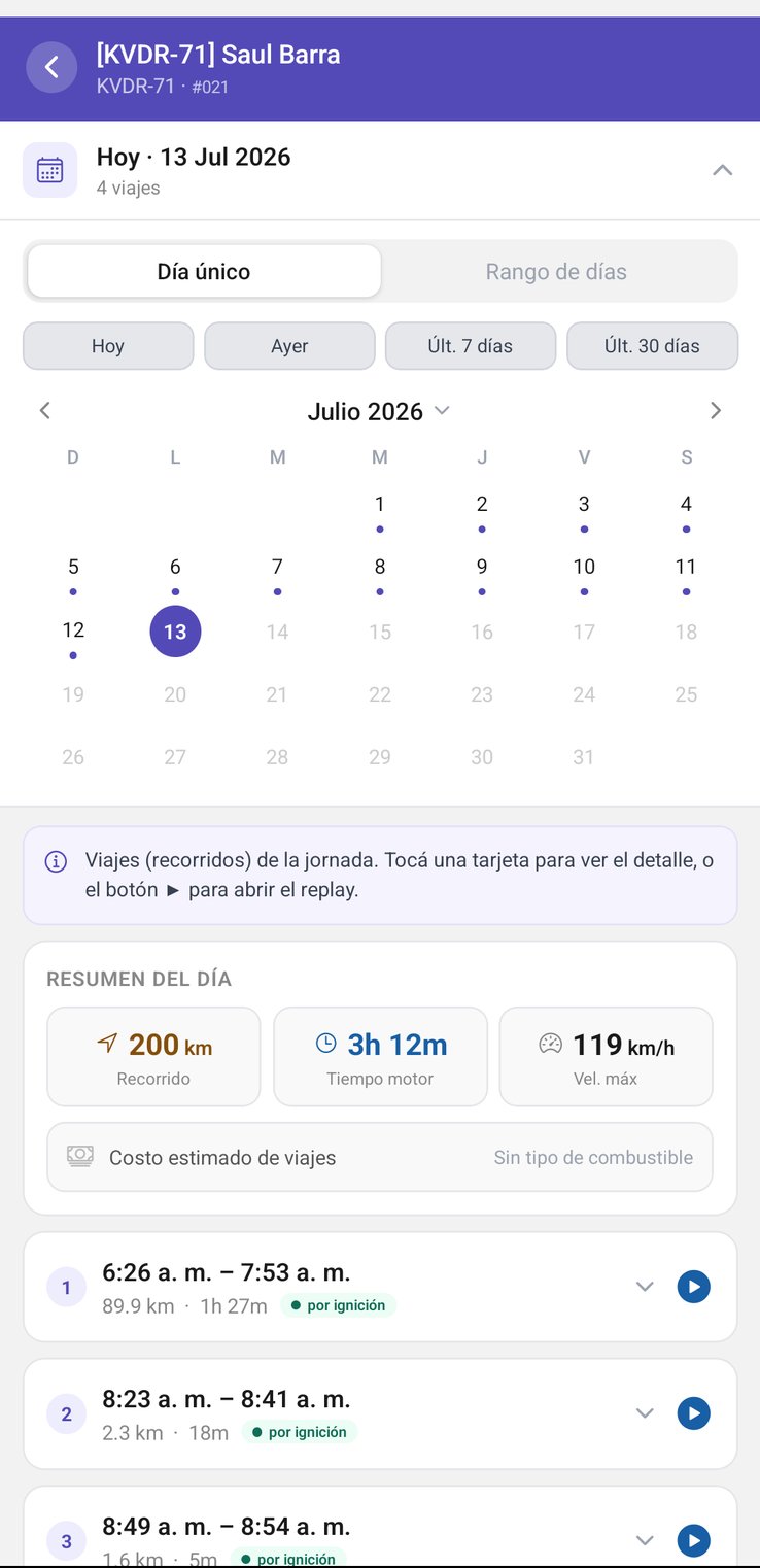 App móvil MEGAGPS: historial de viajes del vehículo