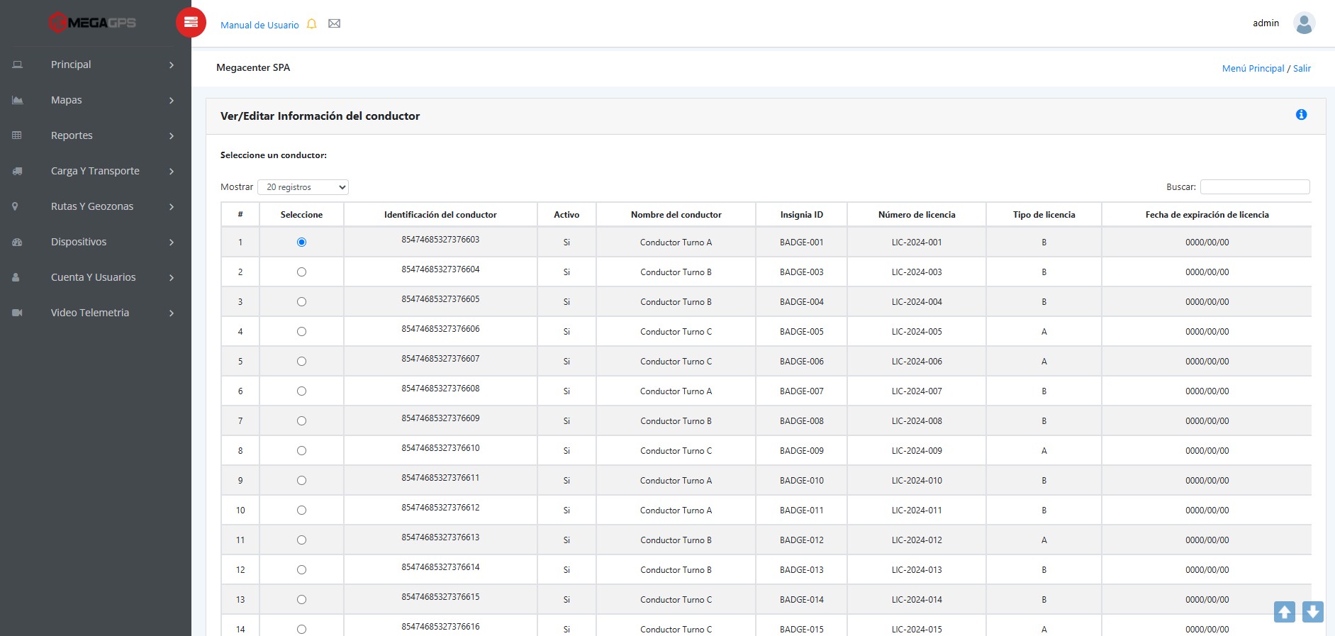 Plataforma web MEGAGPS: asignación de conductores por vehículo