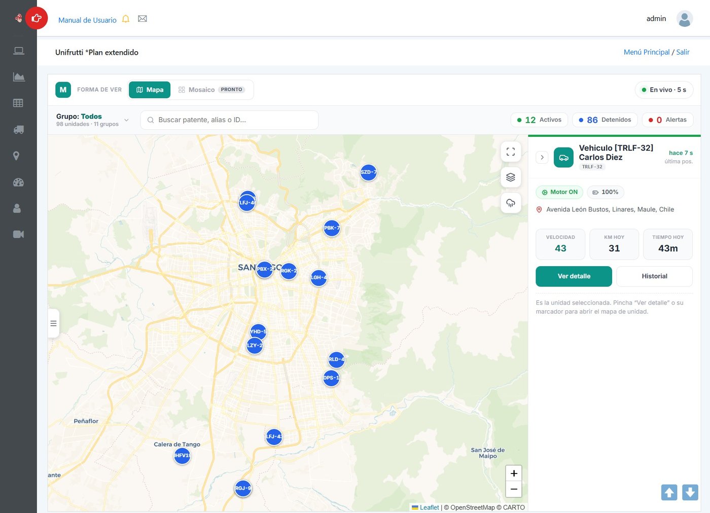 Plataforma MEGAGPS: mapa en vivo con toda la flota de reparto y el detalle de la unidad seleccionada