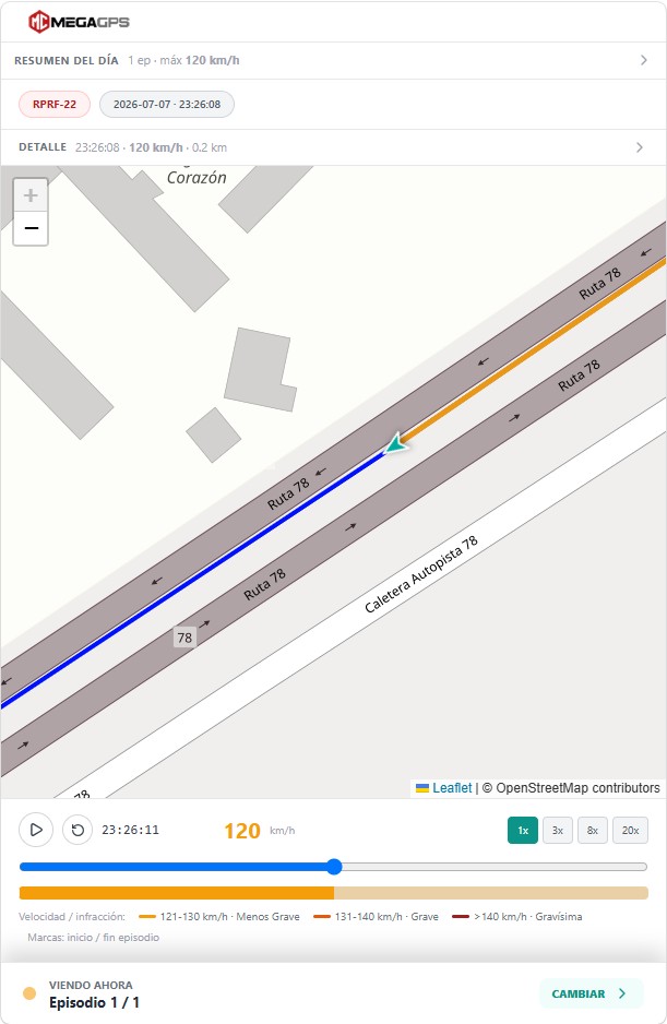 Plataforma MEGAGPS en tablet: replay de un exceso de velocidad