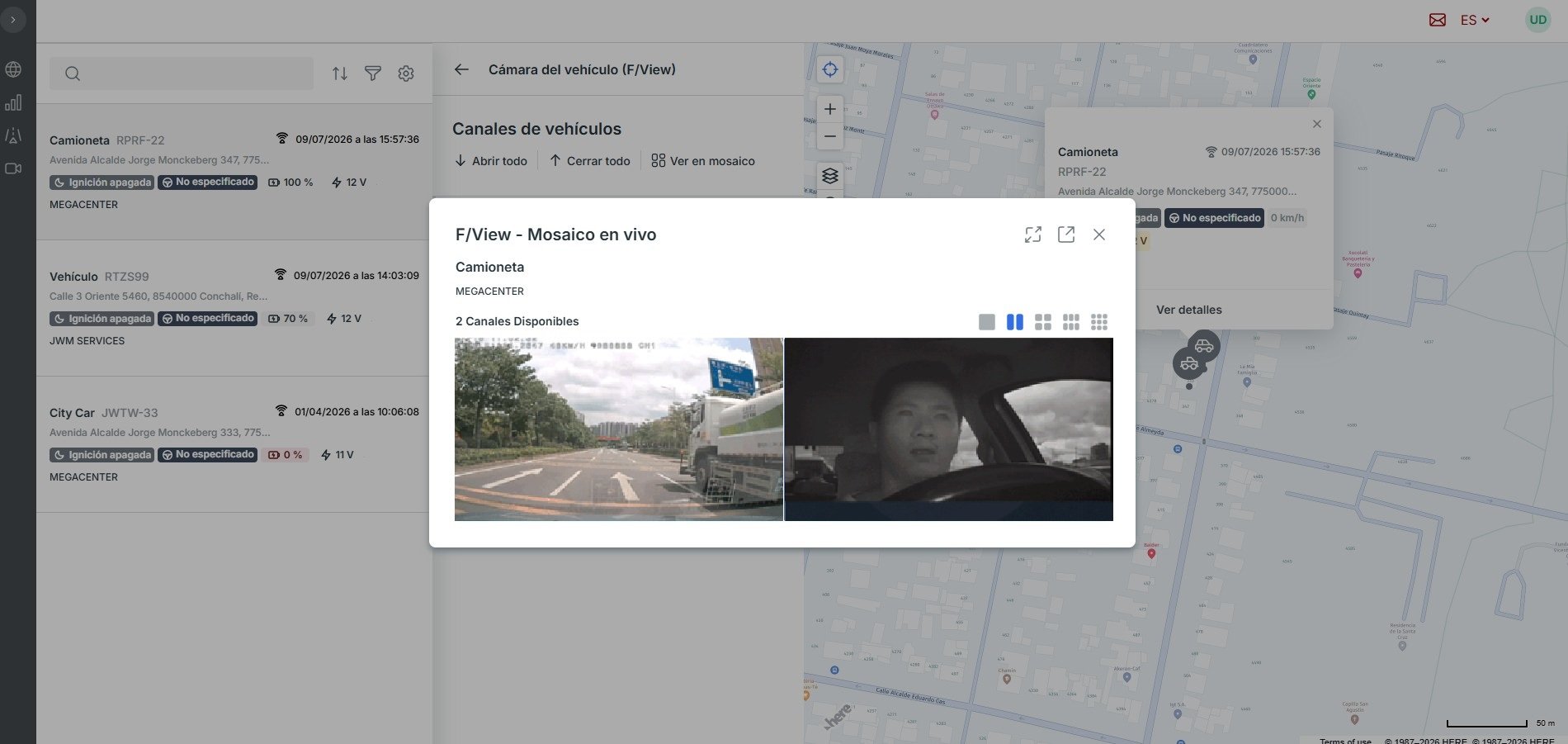 Plataforma MEGAGPS: video en vivo con cámara de ruta y cámara del conductor para detección de fatiga