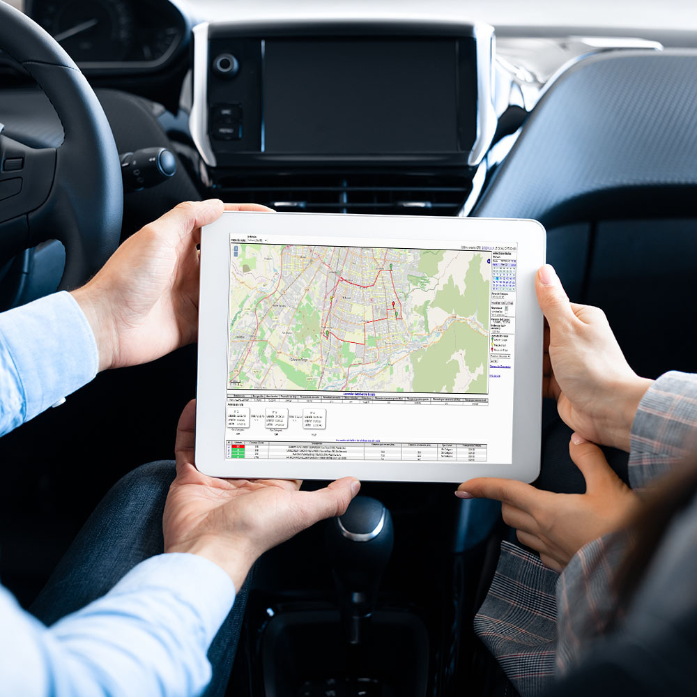 Closeup Of Couple Sitting In Car Using GPS Service App On Digital Tablet, Checking Travel Route Navigation Before Journey, Tracking Location, Cropped Image, Creative Collage